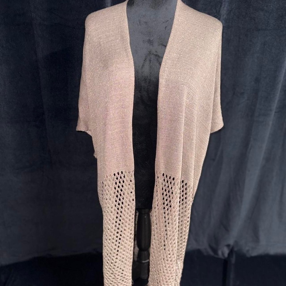 Cupshe Metallic Knit Longline Cardigan Wrap Champagne Taupe Fringe Duster NWT